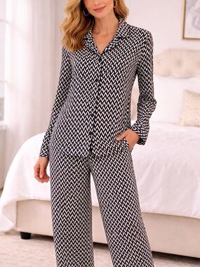 Theory Mitrana Black & White Chevron Print Silk Set size Large / 6